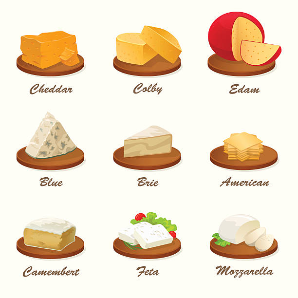 Different kinds of cheese on cutting board. 