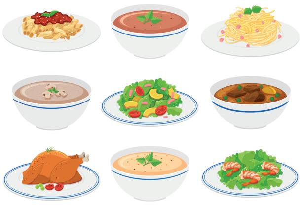 Different kinds of food on plates and bowls Different kinds of food on plates and bowls illustration pasta clipart stock illustrations