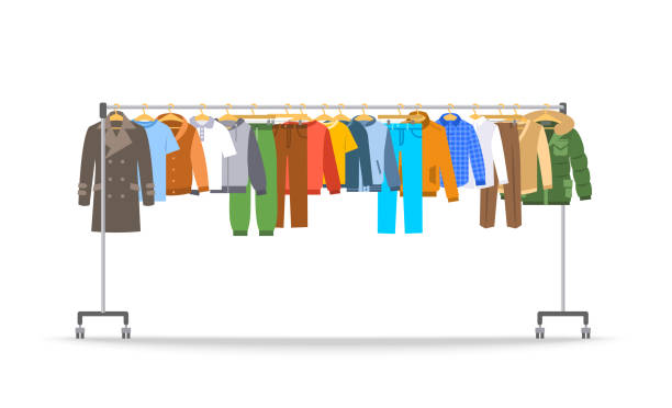 Different men clothes on long rolling hanger rack Men clothes on long rolling hanger rack. Many different male garments hanging on store hanger stand with wheels. Flat cartoon vector illustration. Graphic element for sale banner. Isolated on white clothes rack stock illustrations
