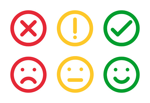 different moods smiles and check mark sign, vector icons set