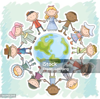 istock Different nationality kids holding hands, standing around the earth 165905349