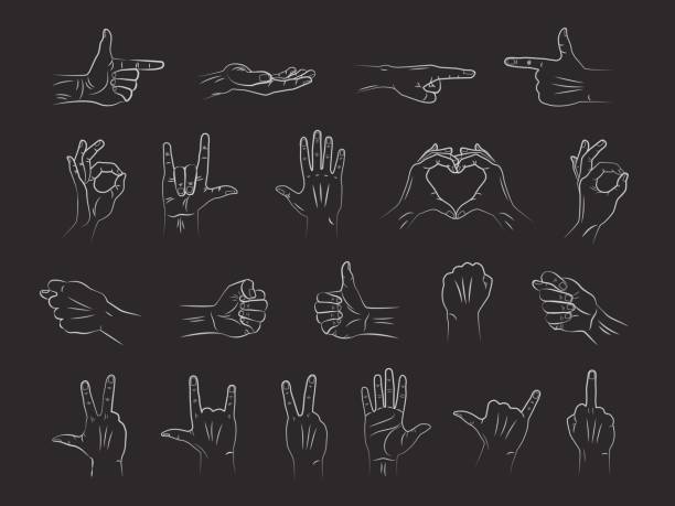 Different outline hands gestures in chalk on blackboard Different outline hands gestures with interpretations of various emotions and signs in chalk on blackboard. Vector line illustration art. chalk rock stock illustrations