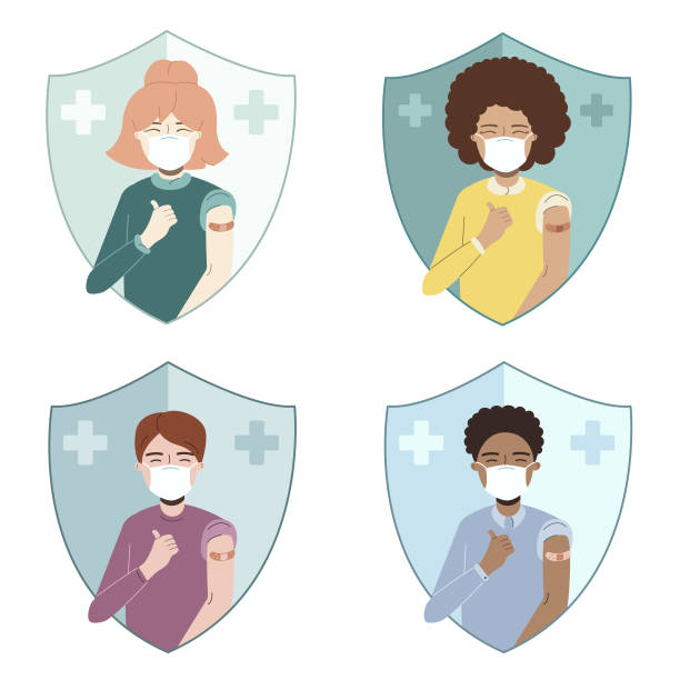 Different people in medical masks after injection. Happy different people in medical face masks raising thumbs up after injection of the flu vaccine set. Vector flat illustration isolated on the white background. covid vaccine stock illustrations