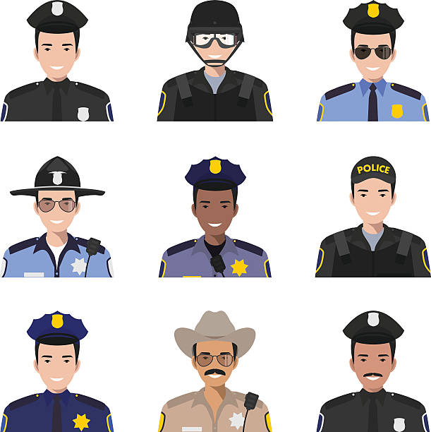 Different policeman characters avatars icons set in flat style. Vector. Police people concept. Set of colorful police flat style icons. Different policeman characters avatars icons set in flat style isolated on white background. Vector illustration. police hat stock illustrations