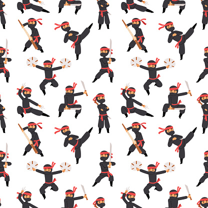 Different poses of ninja fighter in black cloth character warrior sword martial weapon japanese man and karate cartoon person seamless pattern vector