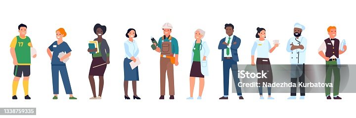 istock Different professions people. Job variations, men and women characters in uniform, teacher, doctor, carpenter and businessman, vector set 1338759335