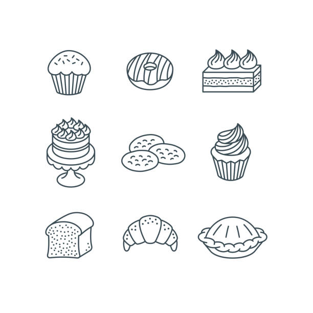 Different sweet pastry items simple linear icons vector art illustration
