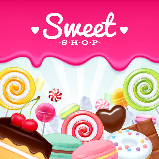 Different sweets colorful background. Different sweets colorful background. Lollipops, cake, macarons, chocolate bar, candies and donut on shine background. candy borders stock illustrations