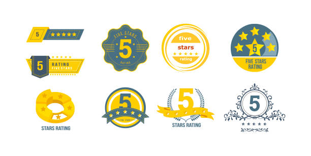 Different types of 5 stars rating. Concept of feedback, reviews, notifications. Different types of 5 stars rating, rating stamp, badge. Concept of feedback, reviews, voting for collecting statistics. Customer service rating on five-point scale. Badge logo template set vector luxury hotel stock illustrations