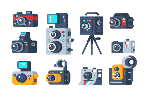 Different types of cameras set Different types of cameras set vector illustration. Collection of retro and modern digital camcorder flat style concept. Professional photography school or photo studio design. Isolated on white dslr camera stock illustrations