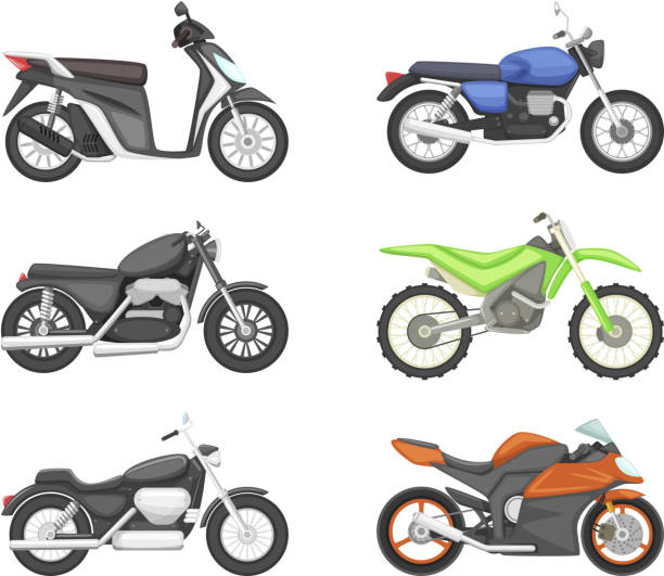 Different types of motorcycles. Vector set illustrations in cartoon style Different types of motorcycles. Vector set illustrations in cartoon style. Motorcycle speed transport collection cycling clipart stock illustrations