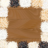 Different types of rice on wooden background. Basmati, wild, jasmine, long brown, arborio, sushi. Vector illustration EPS 10