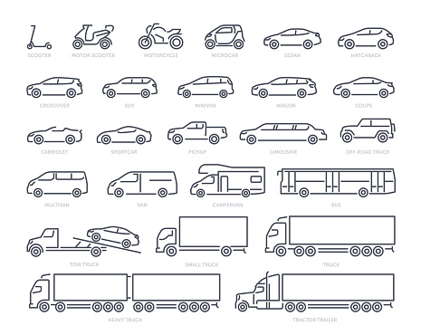 Different types of transportation. Set of minimalistic icon with scooter, moped, sedan, convertible and truck. Design elements for websites. Cartoon flat vector collection isolated on white background