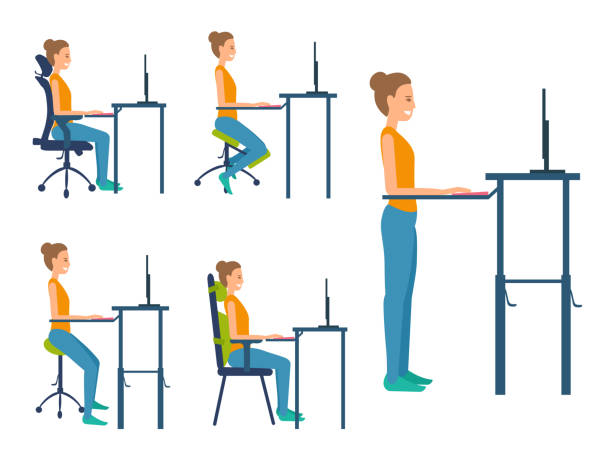 ilustrações, clipart, desenhos animados e ícones de diferentes tipos de assentos. ilustração ajustada sobre o assento natural saudável do trabalho da postura. - lombar