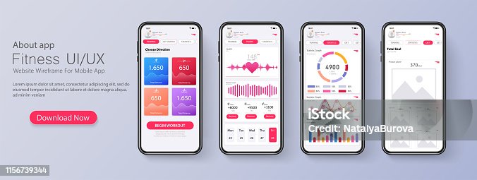 istock Different UI, UX, GUI screens fitness app and flat web icons for mobile apps, responsive website including. Web design and mobile template. Fitness interface design for mobile application. Vector 1156739344