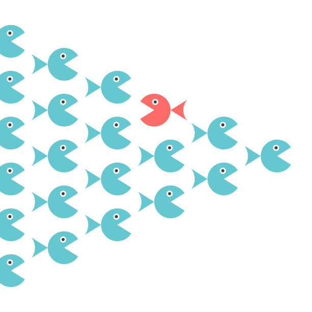Different unique opposite fish Different unique opposite red fish in shoal of many blue ones. Personality, belief, courage, society and uniqueness concept. Flat design. EPS 8 vector illustration, no transparency, no gradients outside the box stock illustrations