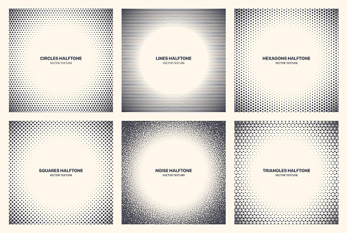 Different Variations Halftone Circle Frame Set Vector Abstract Geometric Patterns Isolated On White Background. Various Half Tone Texture Collection Circles Lines Noise Squares Hexagons Triangles
