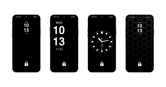 Different Variations Lock screens Black And White clock designs smarthphone screen set