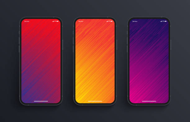 Different Variations Of Vivid Colors Glitch Art Wallpapers Set On Photorealistic Smartphone Screen Different Variations Of Vivid Colors Glitch Art Wallpapers Set On Photorealistic Smartphone Screen Isolated On Dark Background. Set Of Vertical Abstract Backgrounds For Smartphone iphone stock illustrations