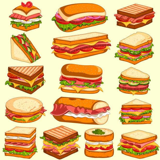 ilustraciones, imágenes clip art, dibujos animados e iconos de stock de diversa variedad de frescos y sabrosos sandwiches y hamburguesas - sandwich