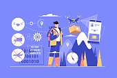 Different ways of delivery vector illustration. Modern online services of shipping by plane, truck, drone via mobile application flat style concept. Newest technology concept