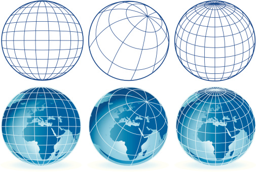 different wireframe globes Europe and Africa