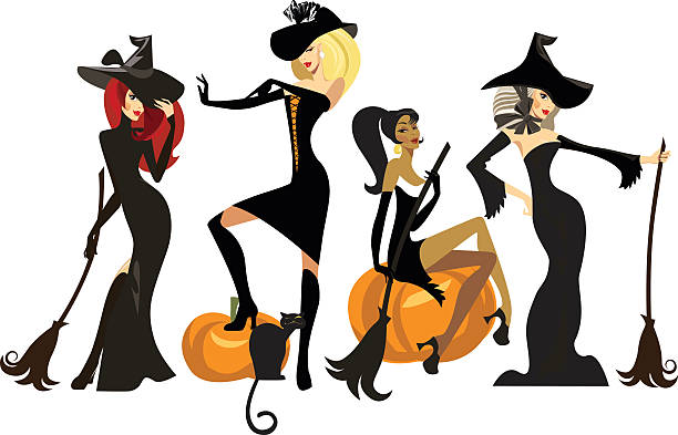 different witches in dresses and hats with brooms vector illustration of different witches in dresses and hats with brooms beautiful people stock illustrations