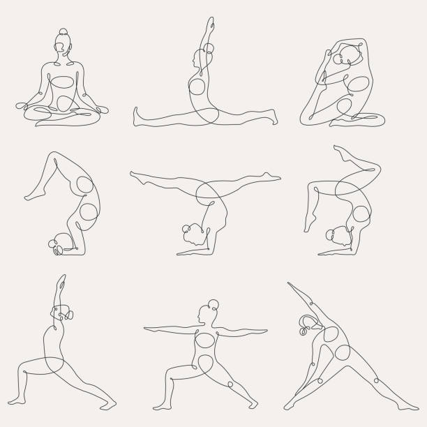 Different yoga poses continuous one line vector illustration. Different yoga poses continuous one line vector illustration. Flexibility, balance, training lineart, silhouette. Keeping healthy, fit lifestyle with yoga, gymnastics training. Working out at gym yoga designs stock illustrations