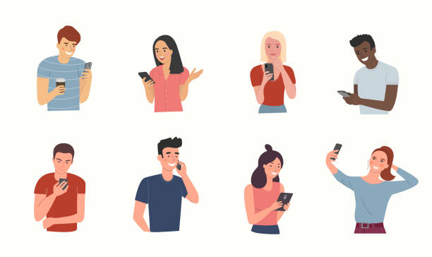 Different young people look into the smartphones. Big set.Vector flat cartoon style  illustration Different young people look into the smartphones. Big set.Vector flat cartoon style  illustration black woman using phone stock illustrations