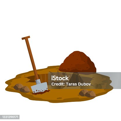 istock Digging a hole. Shovel and dry brown earth. Grave and excavation. Cartoon flat illustration in white background. Funeral in desert. Pile dirt and stones 1331390171