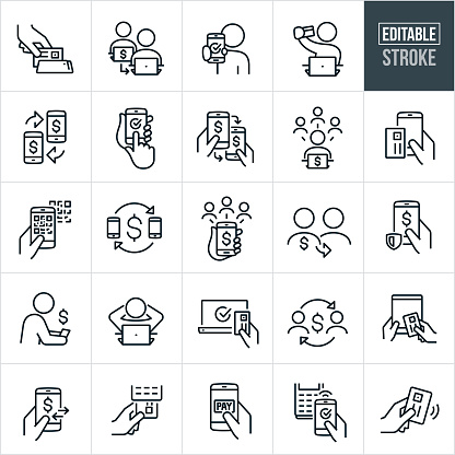 A set of digital and online payment icons that include editable strokes or outlines using the EPS vector file. The icons include mobile payment, online payment using credit card, credit card scanner, peer to peer payment (P2P), one person paying another person online using laptop, person paying using smartphone, person at computer with credit card, mobile to mobile payment, person paying several people from computer, scanning to pay with smartphone, secure online payment, person using credit card to pay on tablet PC, sending and receiving payment and other digital and online payment methods.