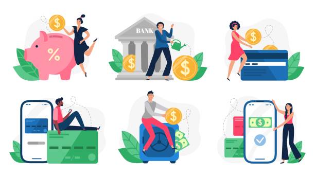 Digital banking. Bank transactions, credit card payment and internet payments. Online pay vector illustration set Digital banking. Bank transactions, credit card payment and internet payments. Online pay, payment machine or credit buying transaction. Flat isolated vector illustration icons set savings stock illustrations