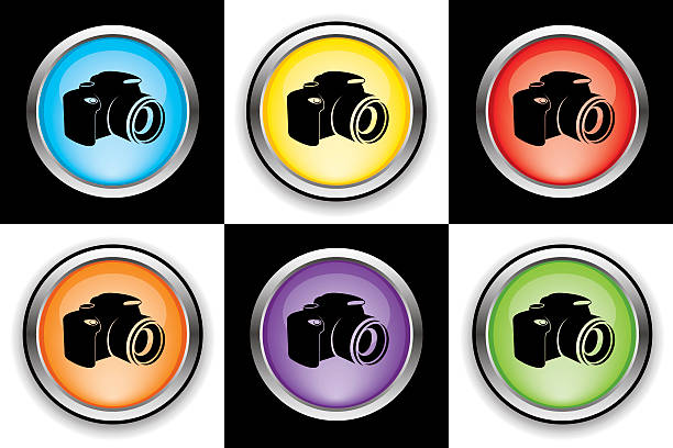 Digital camera icons Digital camera icons and buttons in primary and secondary colors. dslr camera stock illustrations
