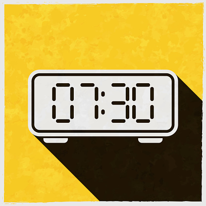 Digital clock. Icon with long shadow on textured yellow background