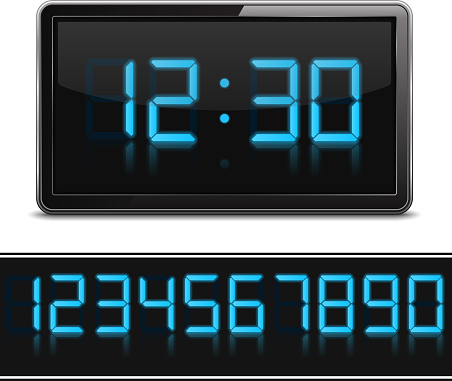 Digital clock and set of glowing numbers, vector eps10 illustration