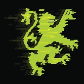 A green digital coat of arms lion. Made of pixel and with an movement / fading away effect. 