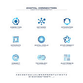 Digital connect creative symbols set, font concept. Social media network abstract business pictogram. Internet technology, communication icon. Corporate identity alphabet, sign, company graphic design