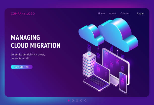 Digital data migration isometric landing page Digital data migration isometric landing page, cloud computing, media server, saas service for private information and files storage, gadgets connected in network system, web hosting 3d vector banner emigration and immigration stock illustrations
