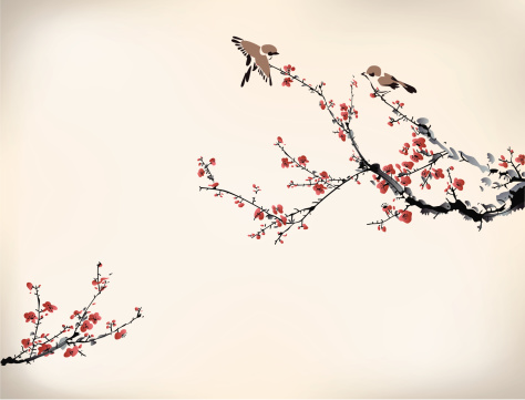 Digital drawing of birds in a Japanese cherry tree in winter