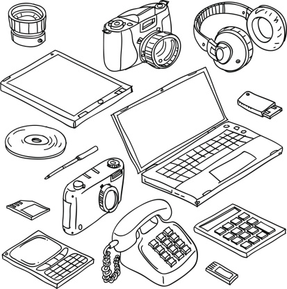 Digital gadget collection in black and white