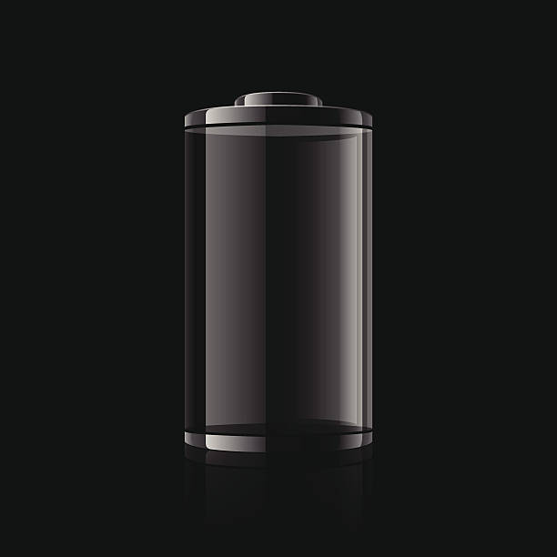 Digital graphic of a black battery on a black background Empty battery. cylinder stock illustrations