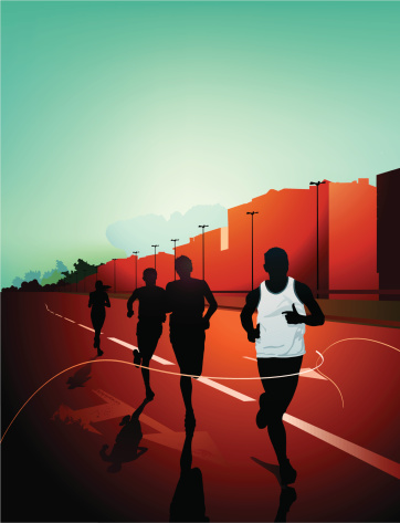 Digital illustration of people's silhouettes running in city
