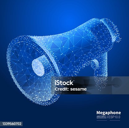 istock Digital marketing and network publicity, vector abstract low polygon dot lines connected megaphone background 1339560702