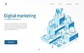 Digital marketing. Business people teamwork. Mobile advertising strategy, seo modern isometric line illustration. Social media, viral content icon. 3d vector background. Growth step infograph concept