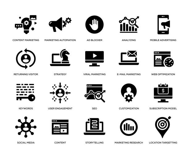 ilustraciones, imágenes clip art, dibujos animados e iconos de stock de conjunto de iconos de marketing digital - marketing