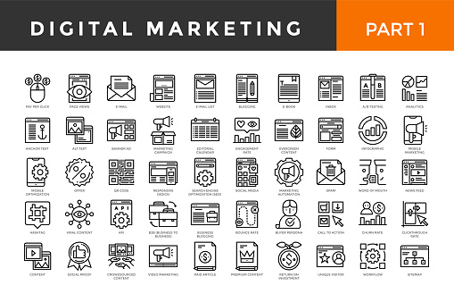 Digital marketing icons, thin line style, big set. Part one. Vector illustration