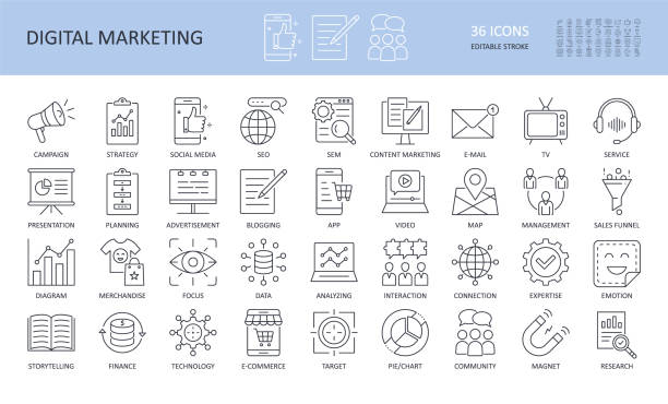 digital marketing linear icons. editable stroke. campaign to promote focus search engine tv e-mail management planning presentation. social media advertisement strategy typescript service merchandise - 市場推銷 幅插畫檔、美工圖案、卡通及圖標