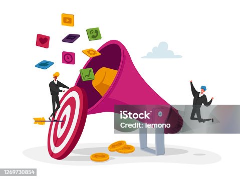 istock Digital Marketing, Public Relations and Affairs, Communication. Pr Agency Tiny Characters Team Work with Huge Megaphone 1269730854