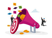 istock Digital Marketing, Public Relations and Affairs, Communication. Pr Agency Tiny Characters Team Work with Huge Megaphone 1269730854