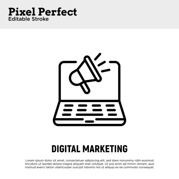 Digital marketing thin line icon. Open laptop with megaphone. Advertising in social media. Online strategy for promotion. Pixel perfect, editable stroke. Vector illustration. vector art illustration